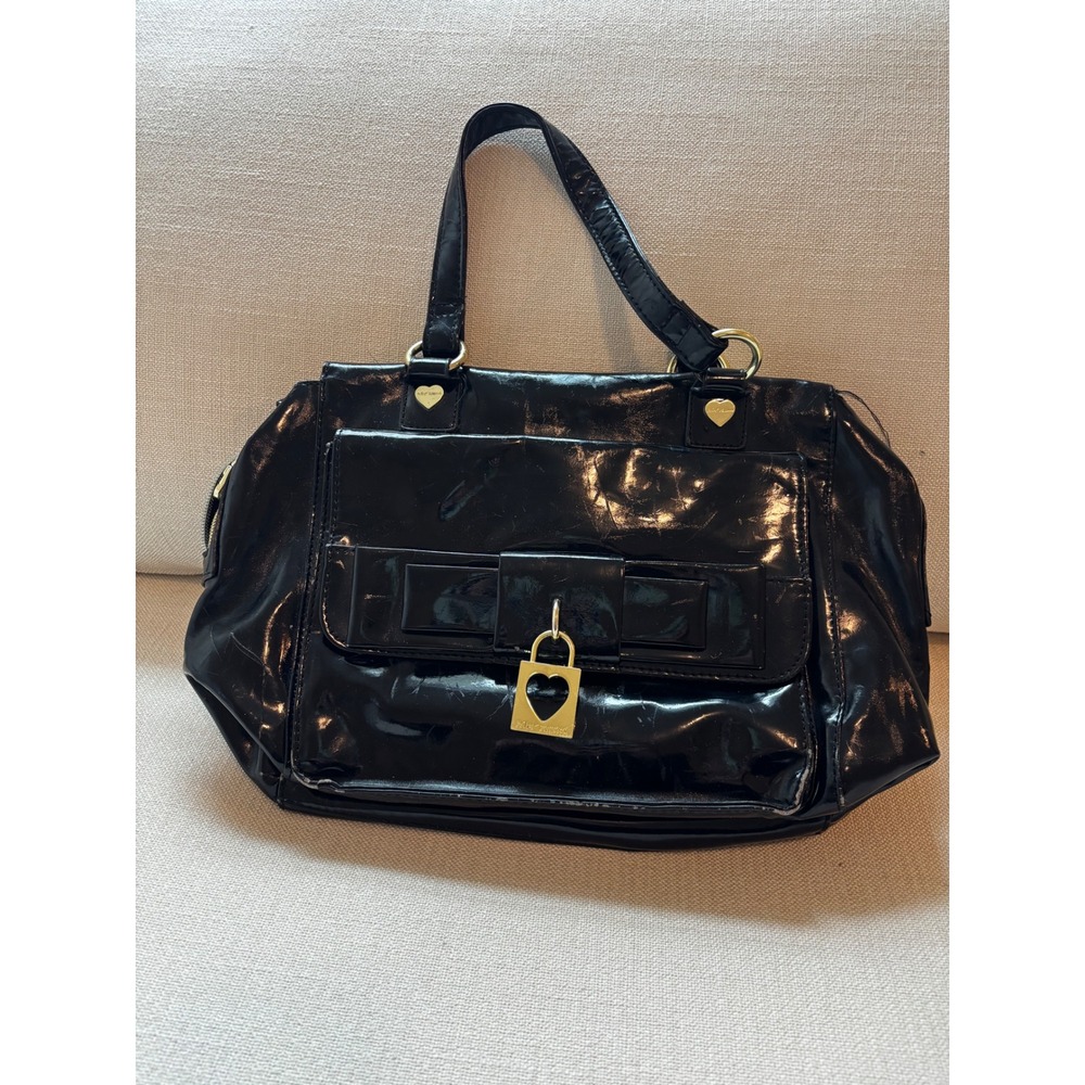 Vintage Y2K Betsey‎ Johnson Satchel Bag Black Patent Bow Heart Padlock Rocker